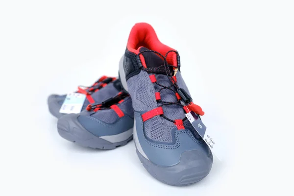 Close Pair Newlace Trekking Gray Scarlet Trim Shoes Breathable Surface — Stock Photo, Image