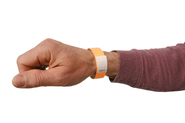 Orangefarbenes Papierarmband Attrappe Auf Dem Arm Von Personen Klarer Selbstklebender — Stockfoto