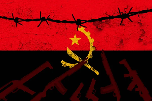 Angola Nemzeti Zászló Texturált Háttérrel Szögesdrót Sorok Háború Fogalma Forradalom — Stock Fotó
