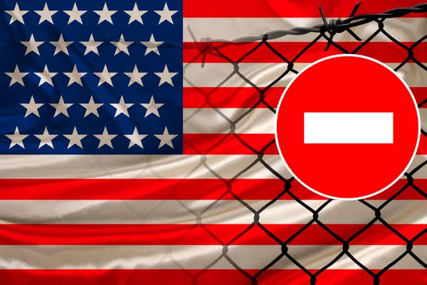 Usa National Flag Satin Fence Barbed Wire Symbolic Red Sign — Stock Photo, Image