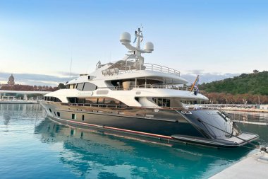 luxury private yacht, superyacht CHECKMATE with 5 cabins from Benetti shipyards in Mediterranean Sea in marina of Spanish city Benalmdena, charter market, yachting industryt, Frankfurt - January 2023  clipart