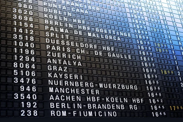 Flight Departures information board at Airport in Germany, Frankfurt destinations: Zurich, Paris, Antalya, Berlin, Dusseldorf, Cologne, Mallorca, Dublin, Split, Frankfurt, concept delay, arrival time