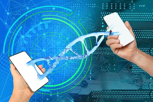 Dna Helix Binds Two Smartphones Mobile Phones White Blank Screen — Stock Photo, Image
