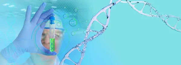 female pharmacist, human dna structure with helix, deoxyribonucleic acid, nucleic acid molecules, scientist holding test tube with medicine, vaccine, innovation in modern science development dna test