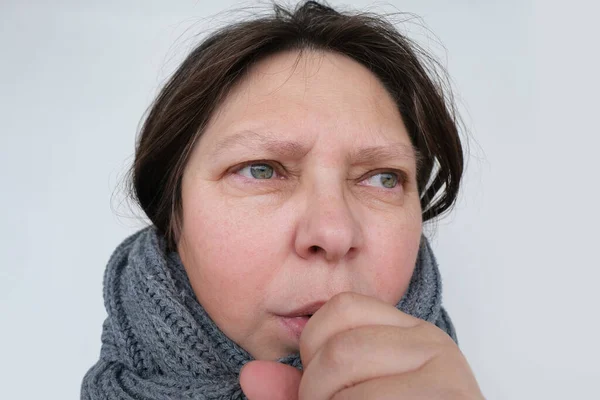 Close Mature Woman Years Face Sick Person Inflamed Eyes Holding — Stock Photo, Image