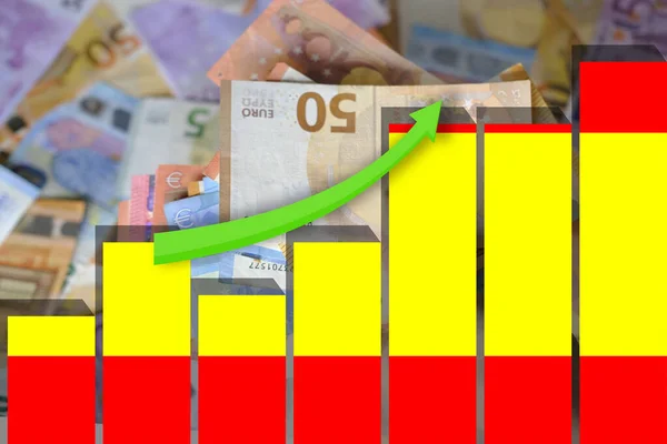 paper euro banknotes, Spain flag on textured background of graph, concept banking, stability national currency, monetary progress, growth in production and business activity, economic stability