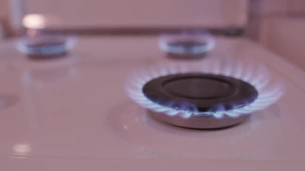 火でガスストーブ 炎のクローズアップ側のビュー 家庭での料理のための天然ガス ガス産業の環境問題の概念 世界的なガス市場 光熱費の関税の成長 — ストック動画