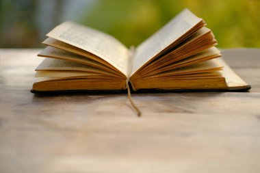 Bahçedeki eski ahşap masa, yeşil yapraklı, konsept eğitimli, nostaljili, güzel bulanık doğal manzara.