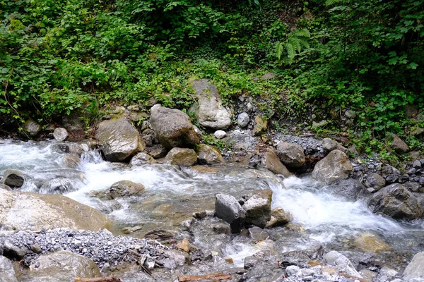 Poderosa Corriente Agua Limpia Fluye Rápidamente Largo Del Río Montaña — Foto de Stock
