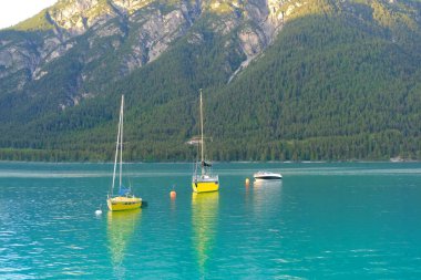 Güzel yatlar, güzel göl tekneleri Avusturya 'da Achensee' de Achensee 'de, sakin suların üzerinde yeşil dağlar yükseliyor, rezervuar, su sporları, tatil yeri Tyrol konsepti