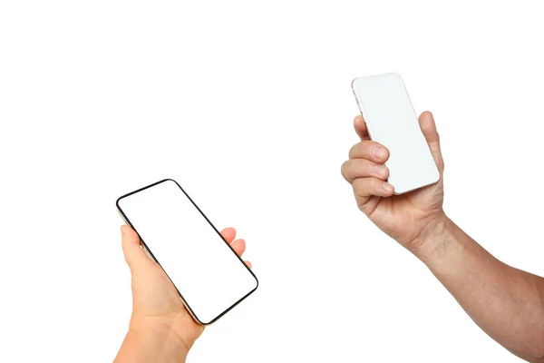 Primer Plano Dos Smartphones Teléfonos Móviles Con Pantalla Blanca Blanco — Foto de Stock