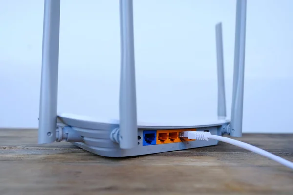 White Cable Plugged Port Router Modern Wireless Router Four Non — Stockfoto