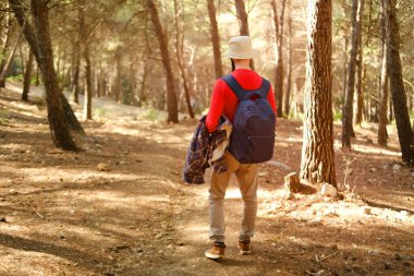 Genç adam, sarı ceketli turist turist, turuncu sırt çantalı, parkta, dağ ormanlarında yürüyüş, kayalık dağ yolunda yürüyüş, aşırı yaşam tarzı, hayat sigortası, yürüyüş zorlukları, ekstrem sporlar.