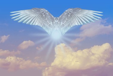 white angel flies in sky gradient, fluffy clouds, postmortal transition, concept of lightness, elevation, heavenly space, abode of God, natural basis for designer, dream, ascension and meditation