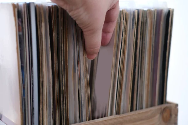 Close Female Hands Choosing Vinyl Records Antiques Old Furniture Tables —  Fotos de Stock