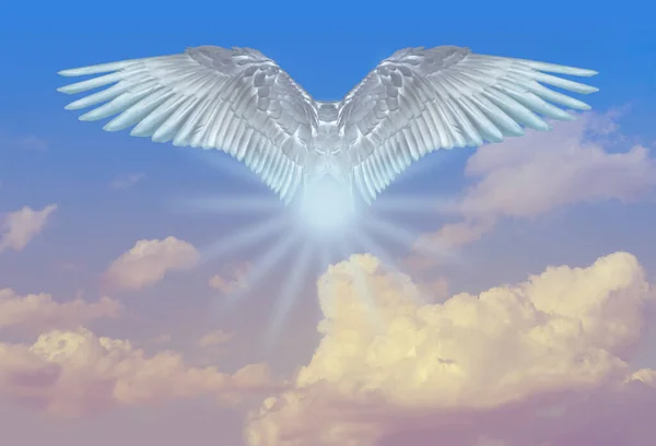 White Angel Flies Sky Gradient Fluffy Clouds Postmortal Transition Concept — Stockfoto