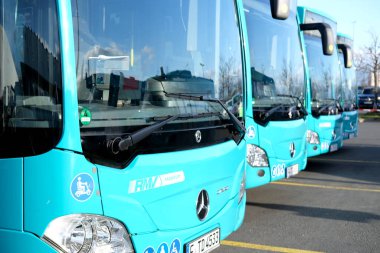 city shuttle buses rank at Frankfurt bus station in Germany, green vehicle public transport concept, transport companies strike, Frankfurt - July 2022
