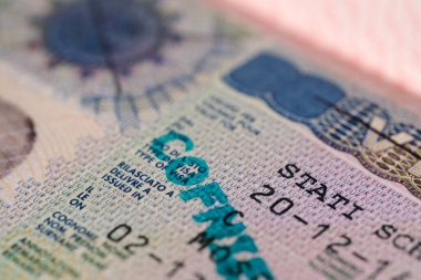 Belgenin yakın kısmı, Avrupa vizesi ile seyahat için yabancı pasaport, sığ alan derinliğine sahip holograma sahip turist Schengen vize damgası, sınırda pasaport kontrolü, Avrupa 'da seyahat