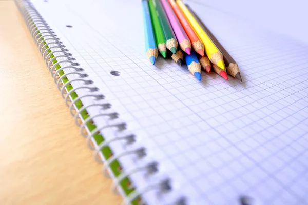School Background Colored Pencils Lie Sheet Paper Open Notebook Spiral — Stok fotoğraf