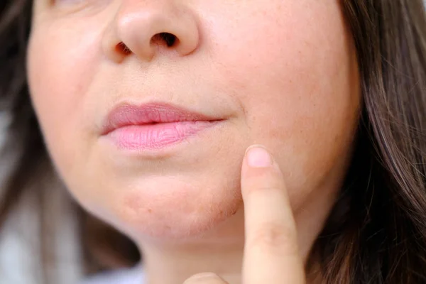 Close Part Mature Female Face Woman Years Slight Smile Lips — Stok Foto