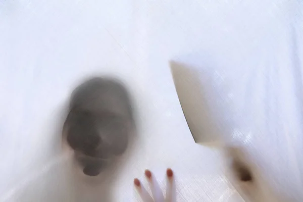 Eerie Blurry Hands Face Girl Killer Knife Axe Silhouette Hand — Stock Photo, Image