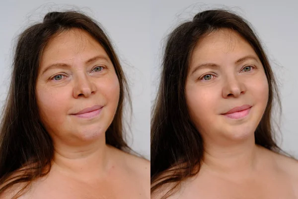 50岁妇女面部 颈部和脱臼特写 有年龄较大的皱纹 治疗前后面部皱纹 概念化妆品 矫正手术 抗衰老传单 — 图库照片