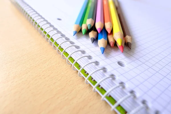School Background Colored Pencils Lie Sheet Paper Open Notebook Spiral — Stok fotoğraf