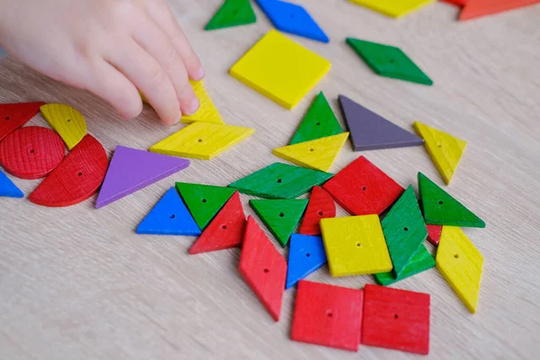 child, toddler, girl plays with colored wooden geometric figures, cubes, builds houses and animals, counts details, concept of development of creativity, fine motor skills, patience perseverance