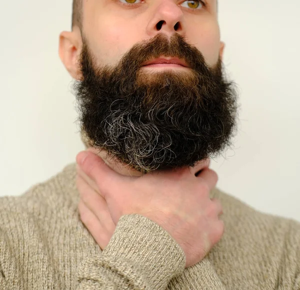 Close Male Hands Neck Young Man Holds Throat Guy Beard — Stock Photo, Image