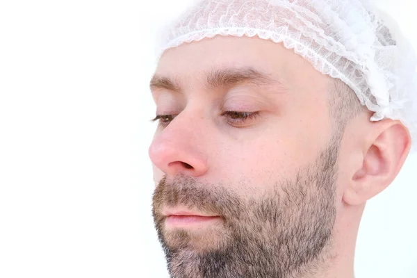 Close Bearded Young Male Face Doctor Beautician Cosmetologist Examines Wrinkles — Stock Photo, Image