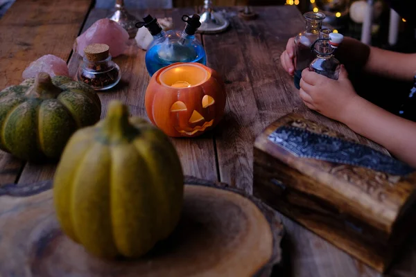 Pumpkins Candles Little Female Witch Prepares Witch Potion Magic Items — Stock Fotó