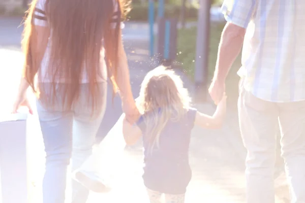 Man Woman Child Happy Family Together Walks City Street Blurred — Stock Photo, Image