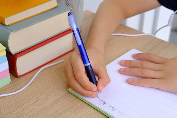 Child Schoolboy Years Primary School Student Writes Notebook Back School — Stok fotoğraf