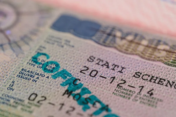 文件页的特写部分 欧洲签证旅行的外国护照 带有纵深全息图的旅游签证印章 边境护照管制 欧洲旅行 — 图库照片