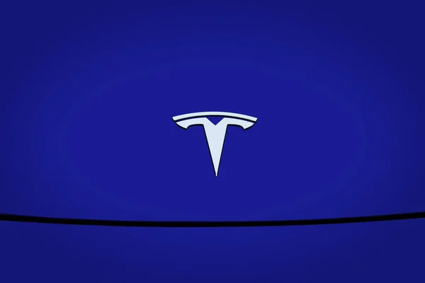 Logotipo Cromado Cerca Tesla Motors Capucha Azul Automóvil Eléctrico Pasajeros — Foto de Stock