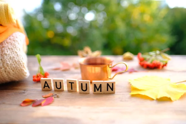Höstens Sammansättning Rustikt Träbord Trädgården Med Varmt Kaffe Mugg Fallgult — Stockfoto
