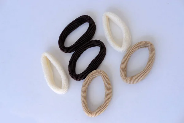 Beautiful Elastic Hairbands Scrunchie White Background Close White Beige Brown — ストック写真