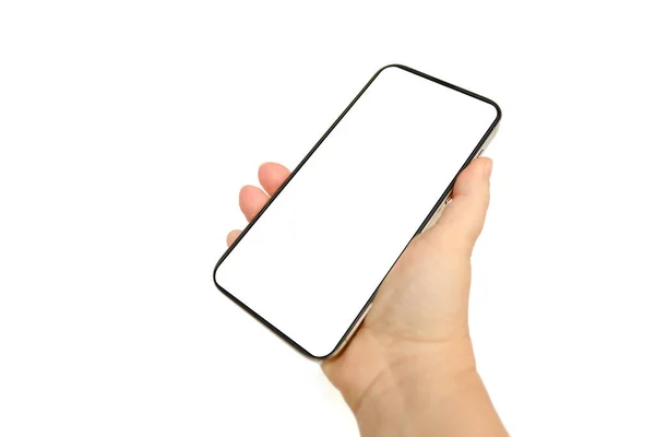 Nahaufnahme Moderner Gadget Apfel Weiblicher Hand Testen Neuer Gold Smartphone — Stockfoto