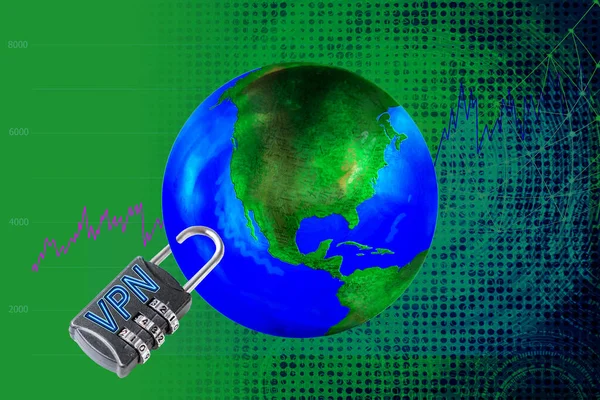 虚拟专用网络锁定地球模型 限制互联网的使用 商业Vpn解决方案企业在保证数据通信安全和扩展私有网络服务的同时维护 — 图库照片