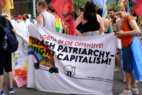 stock image international Parade through city center, queer hostility to fight, queer hostility to fight, CSD 2023 in Germany, participants of international LGBT movement, FRANKFURT - July 15, 2023