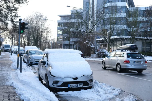 Snowy Frankfurt Street Snow Covering Windows Car Bodies Heavy Snow — Stock Photo, Image
