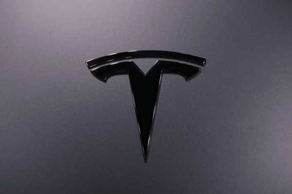 Logotipo Cromado Cerca Tesla Motors Capucha Plata Coche Eléctrico Pasajeros — Foto de Stock