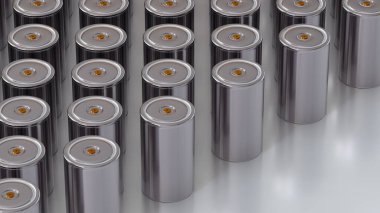 Pil modülleri için lityum çekiş 4680 akümülatör hücre, seri üretim pilleri yüksek güç, elektrikli araçlar için enerji, kuru elektrot, alternatif enerji geliştirme konsepti, 3D görüntüleme