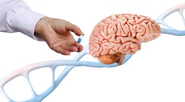 Doktorun elinde mavi hap, insan beyni üzerinde kapsül, DNA sarmal arka plan, beyin ve hafıza için ilaç, insan genom araştırma yöntemi, geliştirme bilimi, nöronlar arası ilişkiler