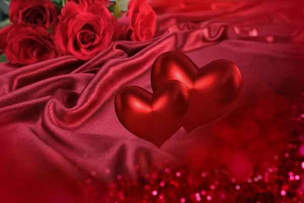 Beautiful Hearts Illustration Satin Draped Flowers Silk Cloth Background Magenta — Foto de Stock