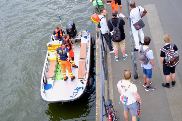 stock image boat of German Life Saving Society, water accident prevention, emergency medical care, Rescue organization, swimming skills, FRANKFURT - July 15, 2023