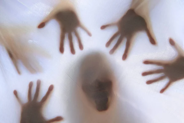 Eerie Blurry Hands Face People Have Been Trapped Glass Dense — Photo