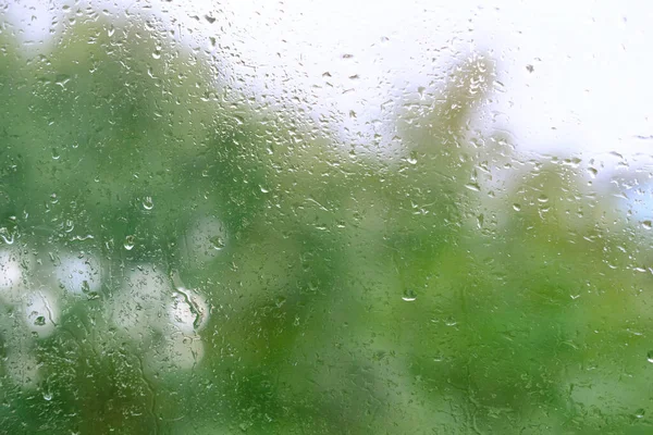summer rain outside window, green foliage of trees out focus, texture glass of background with water drops, place for text, horizontal banner with blurry bokeh, nature protection, Severe Weather