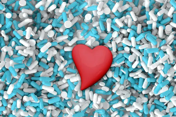 red volume heart, turquoise, blue vitamins, capsule, pills, Valentine\'s Day, medicine, pharmacology, health, humanization intensive care, cardiology, drug addiction, day medic, overdose, 3d rendering