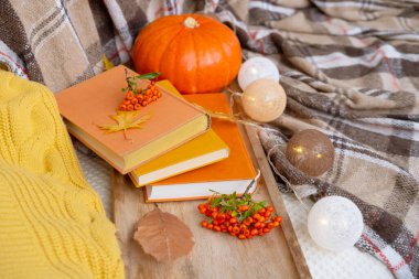 Sonbahar Dekoru ve Yaratıcılığı, Sonbahar Sarı Yaprakları, Balkabağı, Kareli örtüsü, Çelenk topları, Turuncu Pirakanta Çilekleri, kitaplar, Yaşam Tarzı ve Gevşeme